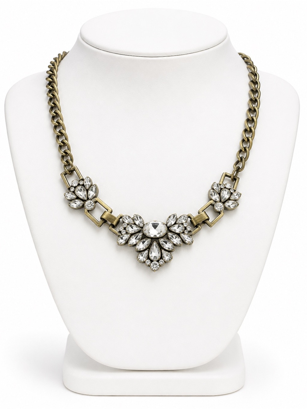J. Crew Leaf Antique Gold and Crystal Statement Necklace